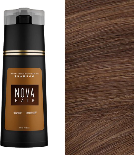 Nova Hair Instant Dye Shampoo Medium Brown - Rijk aan Natuurlijke Extracten - Dekking voor Grijs Haar - Kleur Shampoo voor man en vrouw - NovaHair - Nova Hair Shampoo Medium Brown - 200 ml