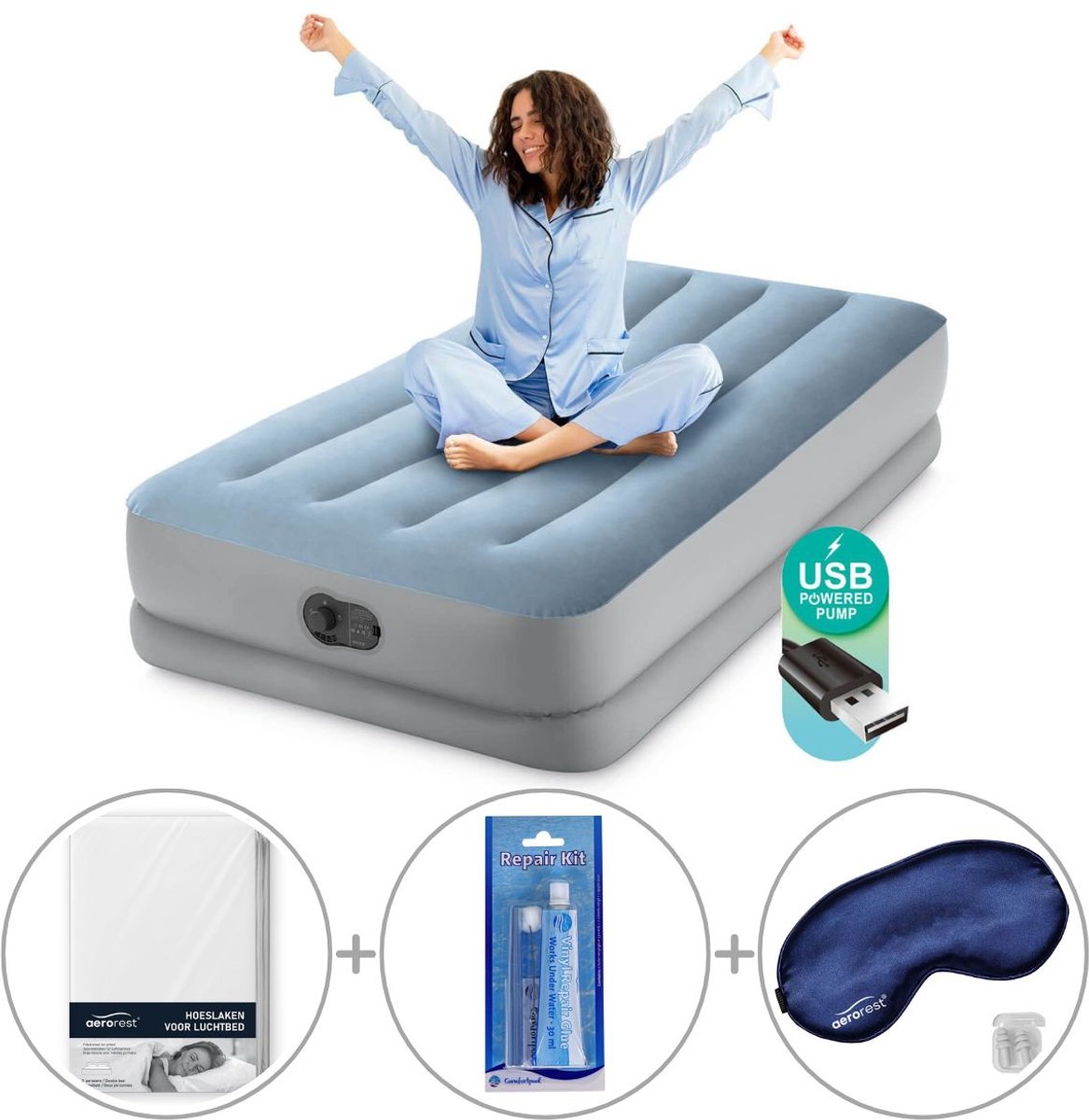Intex Dura-Beam Comfort luchtbed | Eenpersoons | 191 x 99 x 36 cm | Inclusief bijpassend hoeslaken + reparatiekit + slaapmasker