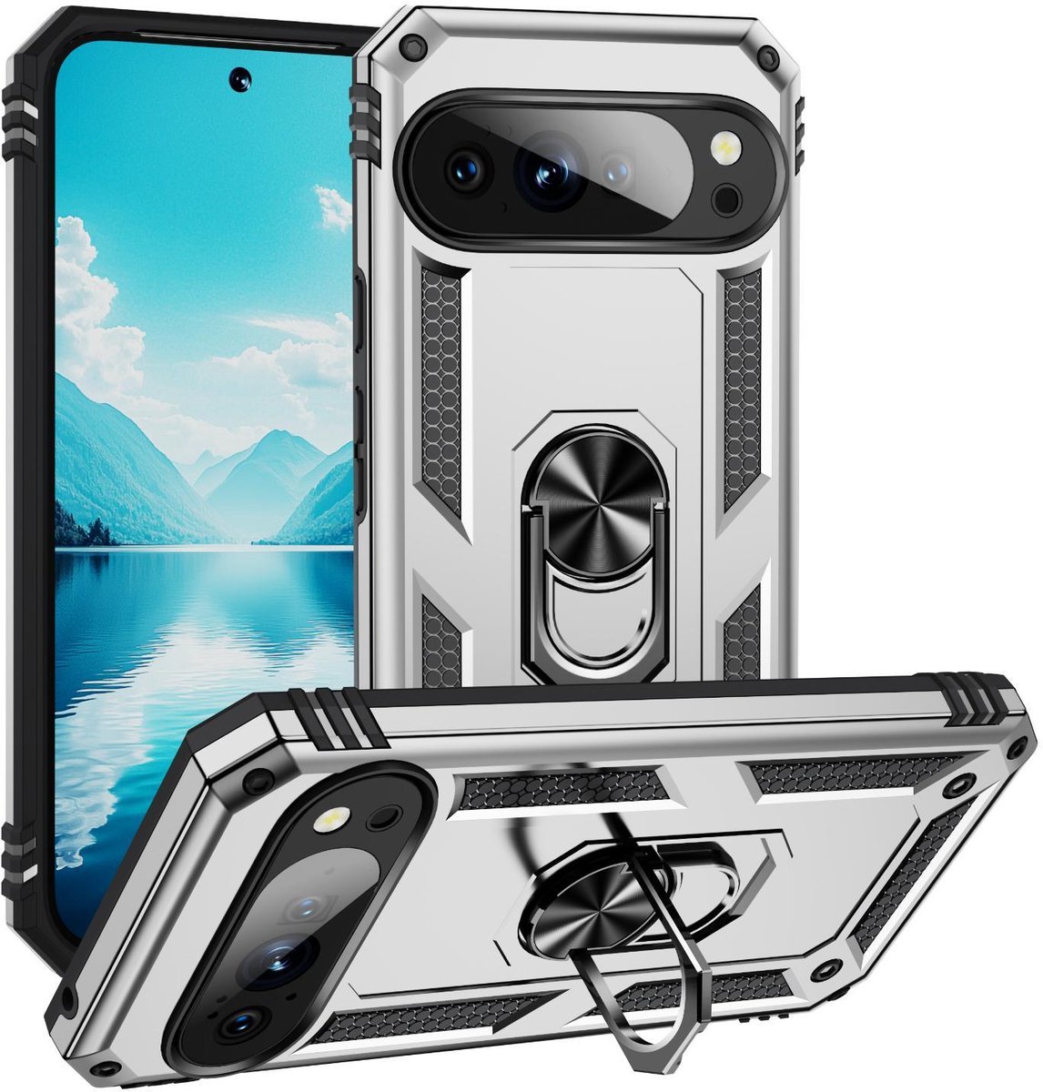 Mobigear Hoesje geschikt voor Google Pixel 10 Pro XL Telefoonhoesje Hardcase | Mobigear Armor Ring Backcover Shockproof met Ringhouder | Schokbestendig Pixel 10 Pro XL Telefoonhoesje | Anti Shock Proof - Zilver