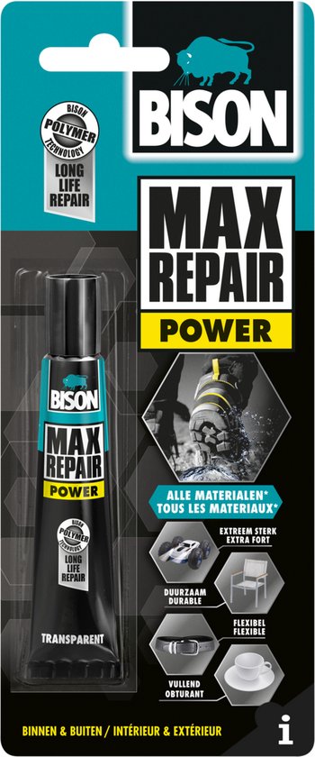 Bison Max Repair Power 20 gram- Extra krachtige en flexibele reparatielijm, transparant, ideaal voor schoenen, rubber, leer, 1001 reparaties, 20 gram tube
