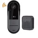 Zwarte slimme deurbel met camera en een zwarte deurbel met luidspreker, met wifi-signalen.