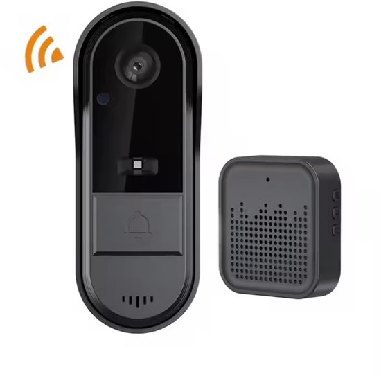 Zwarte slimme deurbel met camera en een zwarte deurbel met luidspreker, met wifi-signalen.