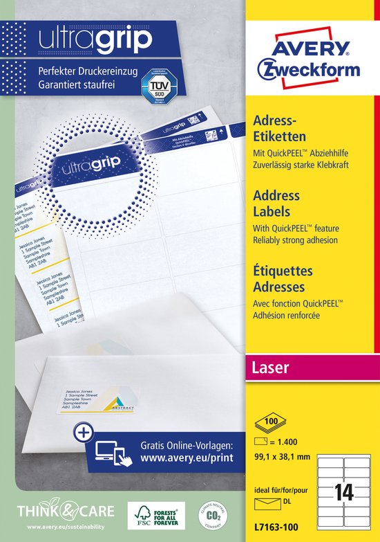 Étiquettes laser blanches Avery QuickPeel boîte de 100 feuilles format 991 x 381 mm (lxh) 1400 pièces 14 par feuille