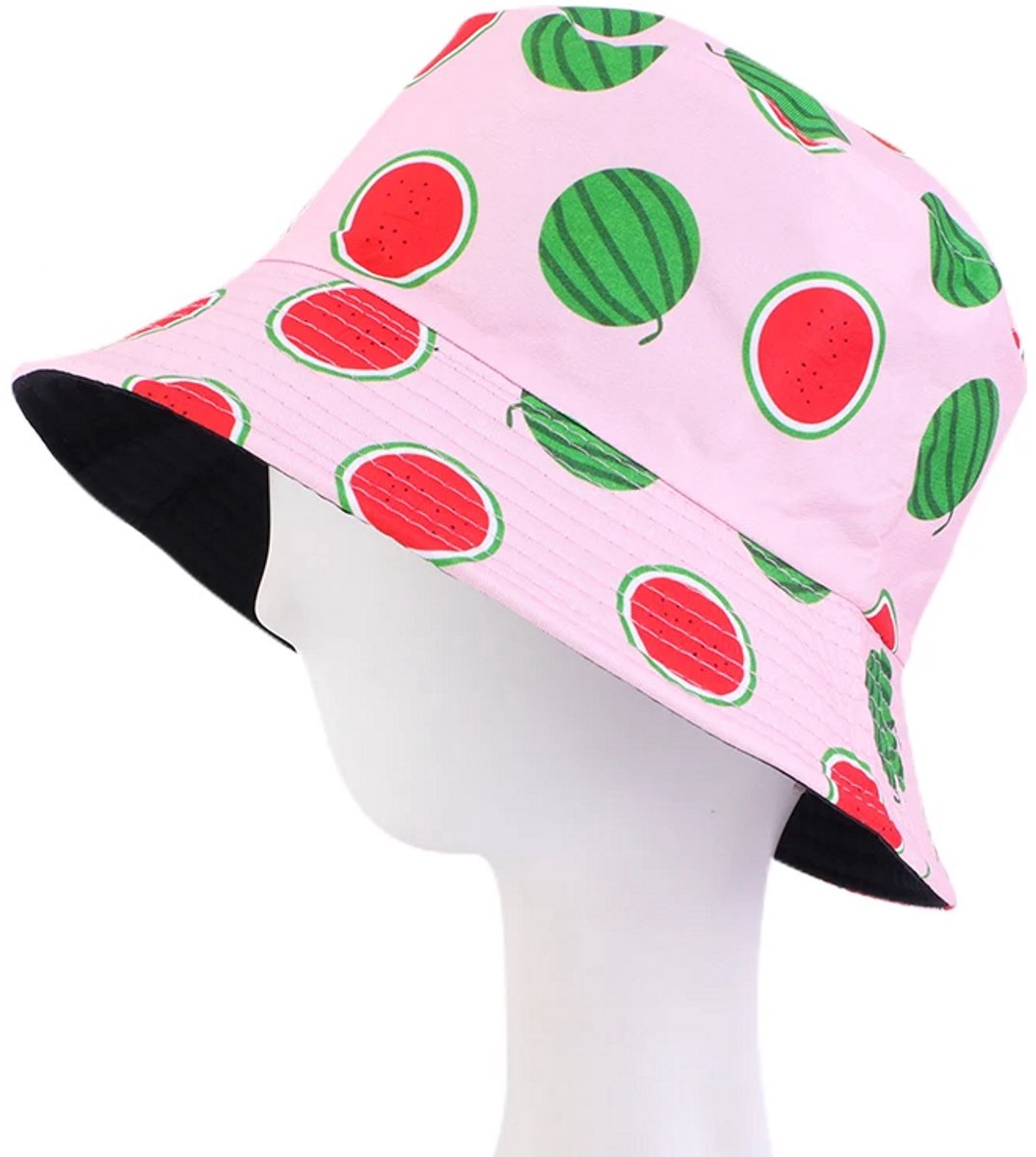Bucket Hat - Omkeerbaar Vissershoedje - Dubbellaags - Meloenen Roze - Reversible naar Zwart - Maat 58 cm - Heren - Dames - Festival Accessoire - Festivalhoedje - Regenhoedje - Zonnehoedje - Emmerhoed - Hoed - Unisex