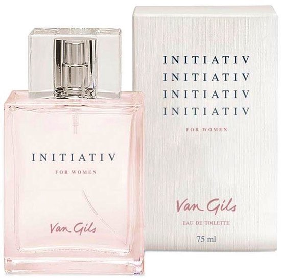 Fles Initiativ Van Gils eau de toilette 75 ml met roze vloeistof en de bijpassende doos.