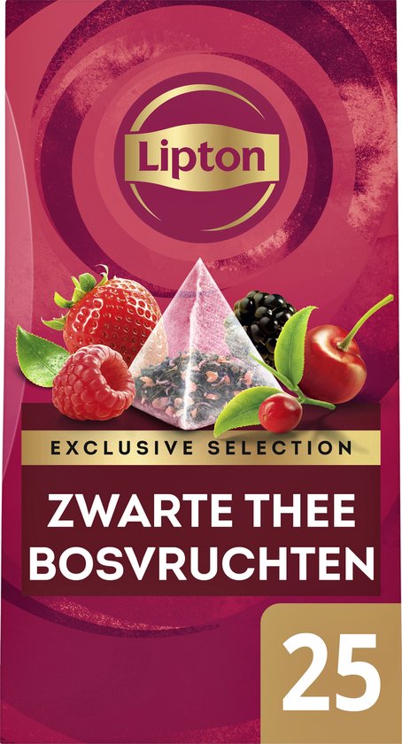 Lipton Exclusive Selection, thé noir fruits des bois. Emballage rouge avec illustration de fraise, framboise, mûre, cerise et 25 sachets de thé.