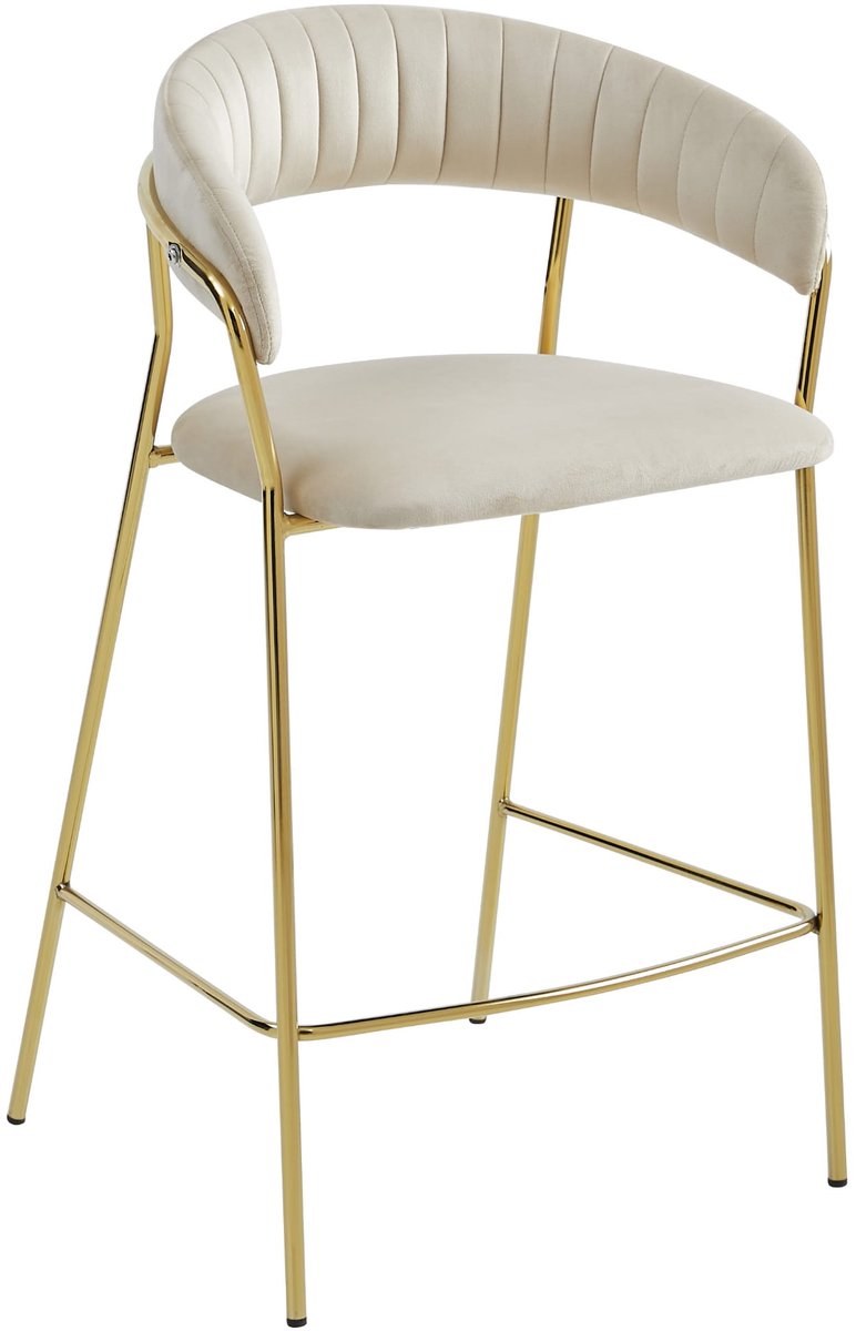 LEOBERT BADIA Barkruk – Beige Velvet – Goudkleurige Stalen Poten – Met Rugleuning en Voetsteun – Zithoogte 66,5 cm – Max. 110 kg