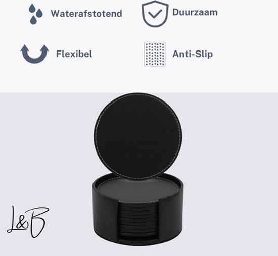 Sous- Sous-verres en cuir de Luxe avec support - 16 pièces - Sous-verres pour Verres - Sous- verres en verre pour la table - Sous-verres - Zwart - Rond