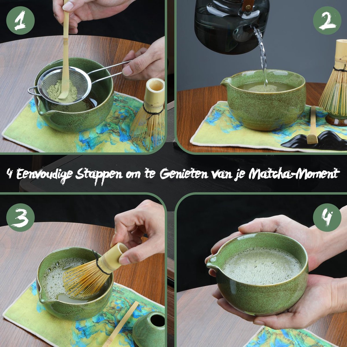 Qxeutm Matcha Set 7-delige Premium Matcha Tea Set met Matcha Kom met