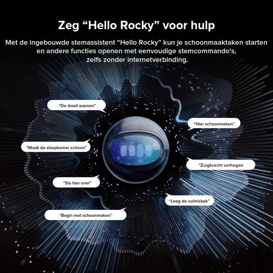 Illustratie van de "Hello Rocky" spraakassistent met commando's voor de Roborock stofzuiger.