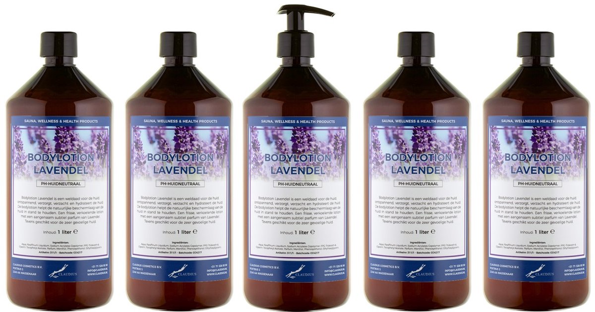 Bodylotion Lavendel 1 Liter - met gratis pomp - set van 5 stuks - Voordeelverpakking