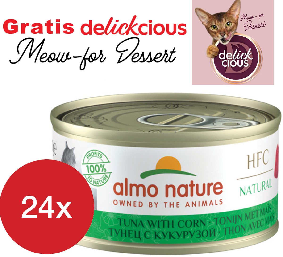 Almo Nature Almo Nature tonijn met maïs 24 x 70 gram met GRATIS Delickcious dessert