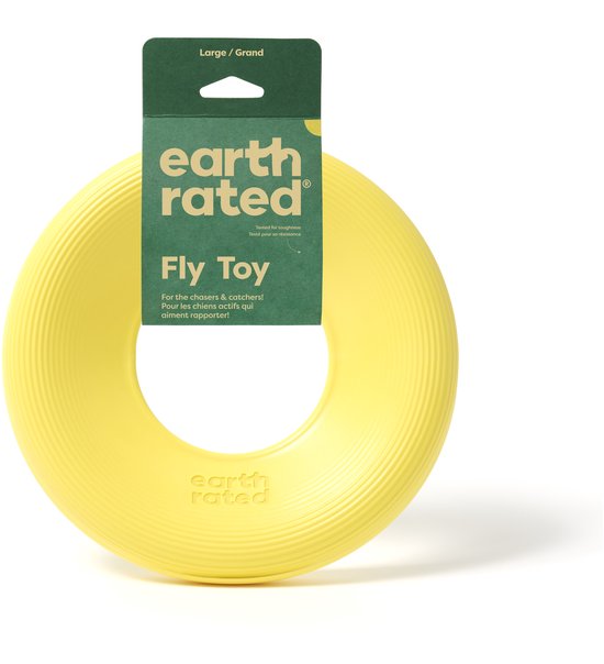Gele, ronde flyer met kartelrand, in verpakking met "earth rated Fly Toy" logo.