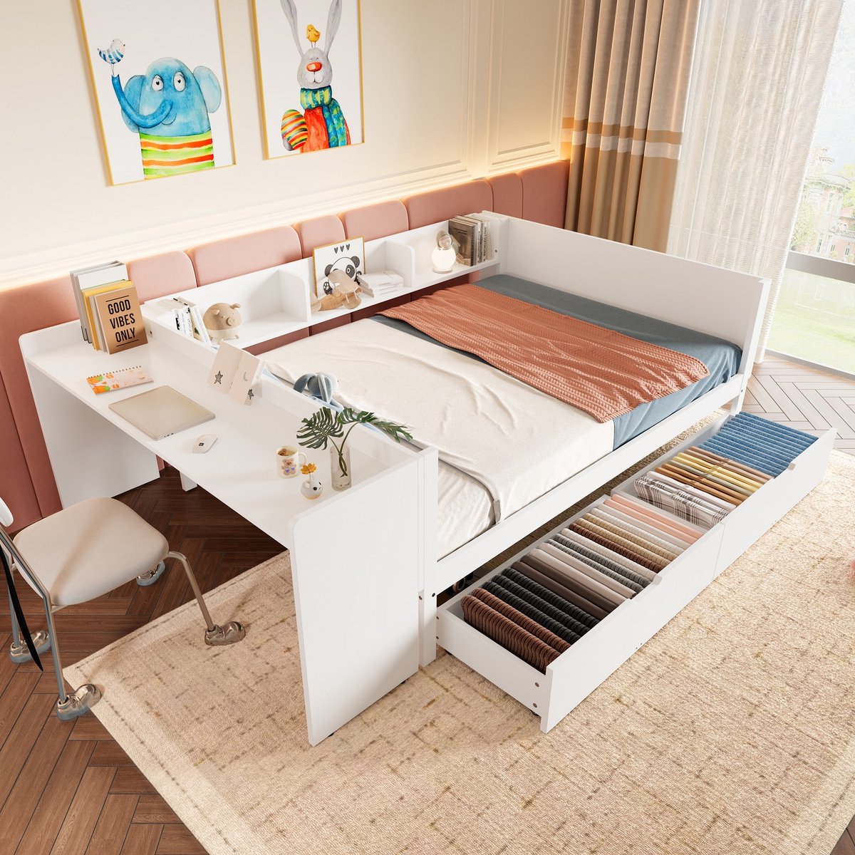 Sweiko Slaapbank - 140x200 cm - met Bureau + 2 Laden - Zonder matras - Wit