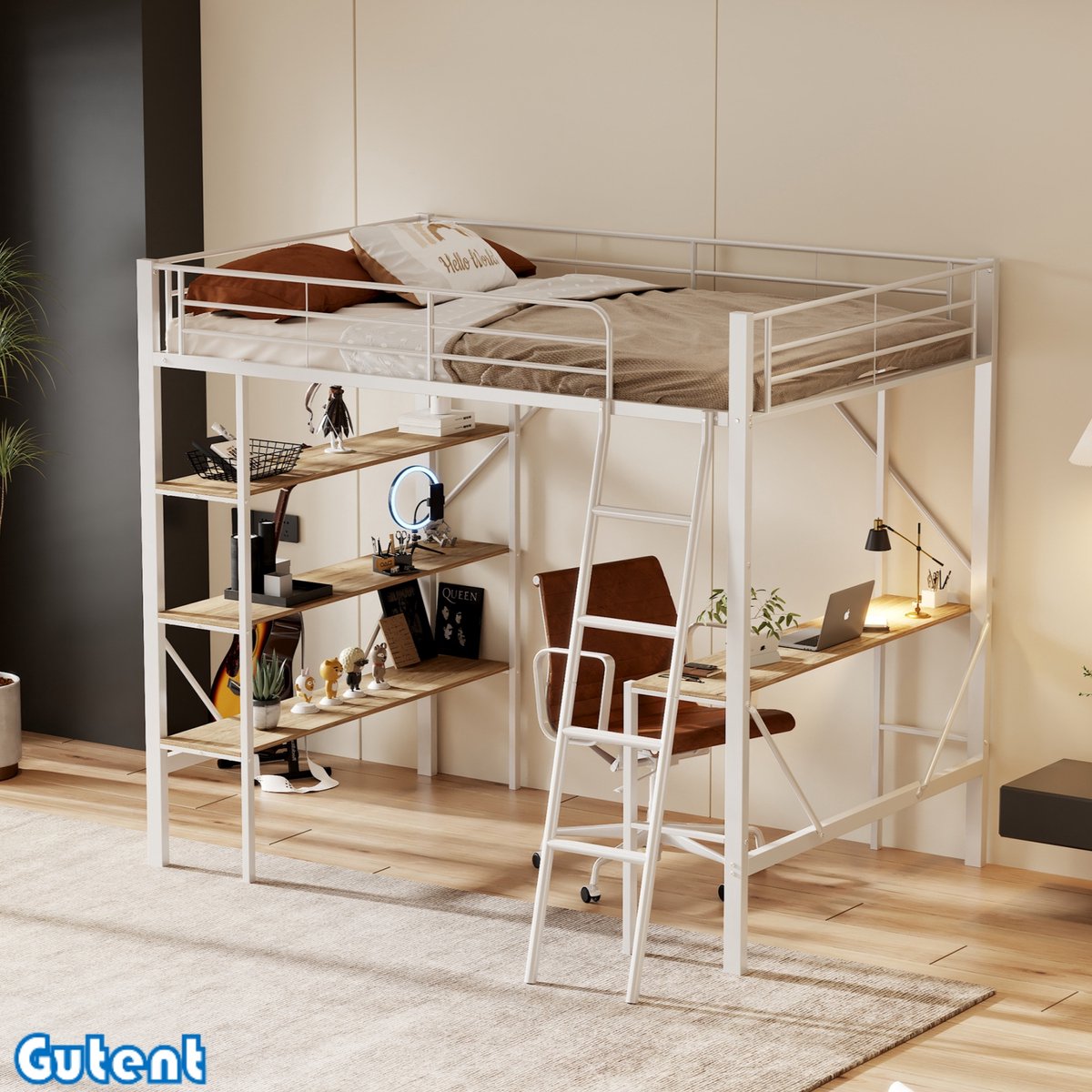 Gutent Hoogslaper - 90x200 cm-Iron bed-met bureau en drie grote planken-Wit-Geen matras-Geen stoel