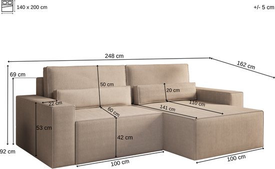 Ecksofa DENVER MINI aus Cord, Ottomane beidseitig montierbar Couch CInspireME Denver Mini Hoekbank – Slaapfunctie – 200×140 cm – Corduroy Stof – Zwart – Poso 135