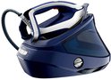 Donkerblauwe Tefal stoomgenerator met een uitneembaar wit strijkijzer.