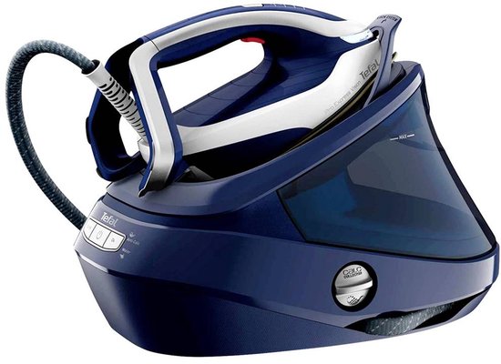 Donkerblauwe Tefal stoomgenerator met een uitneembaar wit strijkijzer.