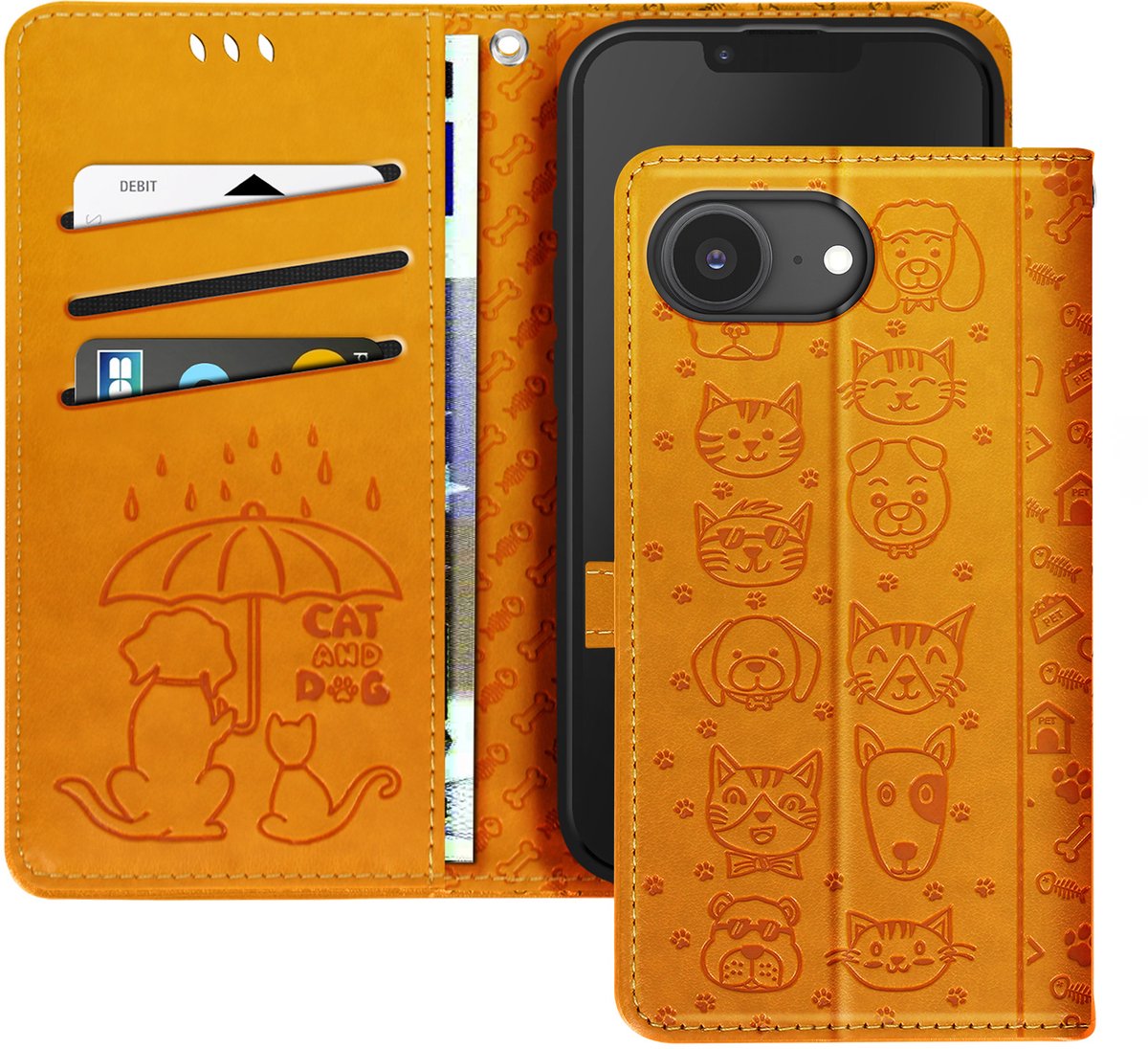 Avizar Hoesje Geschikt voor Apple iPhone 16e Design Cat and Dog Clap Wallet, Oranje