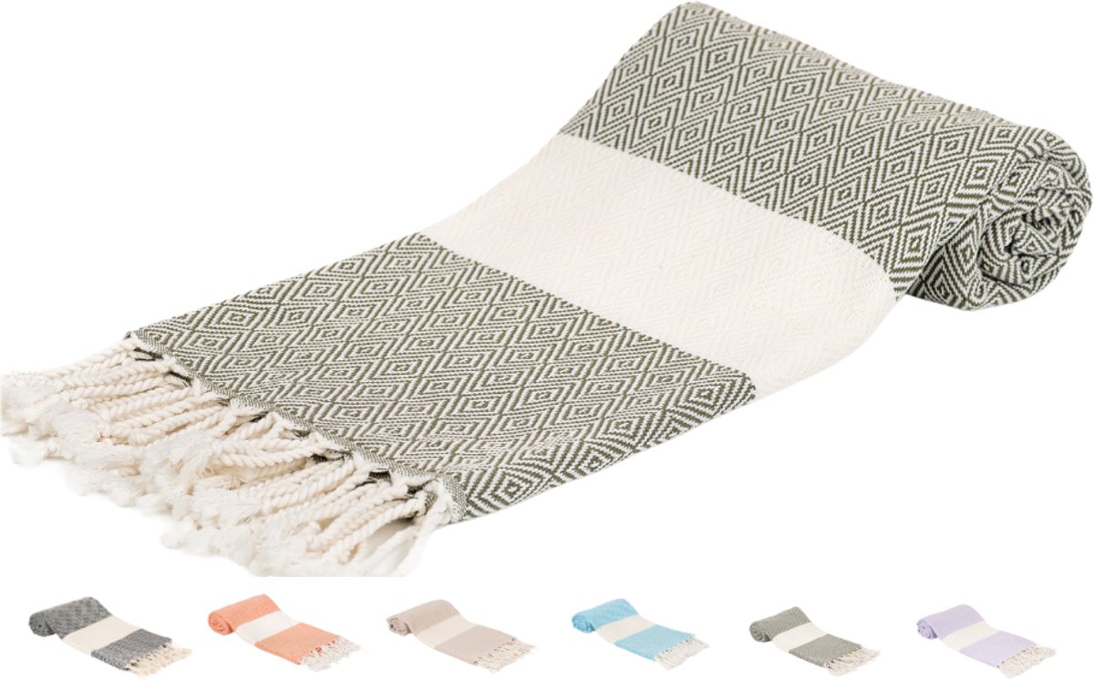 SEPET Hamamdoek Diamond - Olijfgroen - 460g - Premium kwaliteit - XXL 100 x 200 cm - Groot - Zacht - Licht - Zandvrij - Sneldrogend - %100 Katoen - Pestemal | Stranddoek | Saunadoek | Fouta