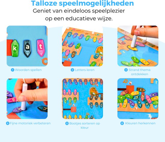 Illustratie van 6 leermogelijkheden met het magnetische doolhof: woorden spellen, letters leren, strandthema ontdekken, fijne motoriek verbeteren, bootjes sorteren, kleuren herkennen.
