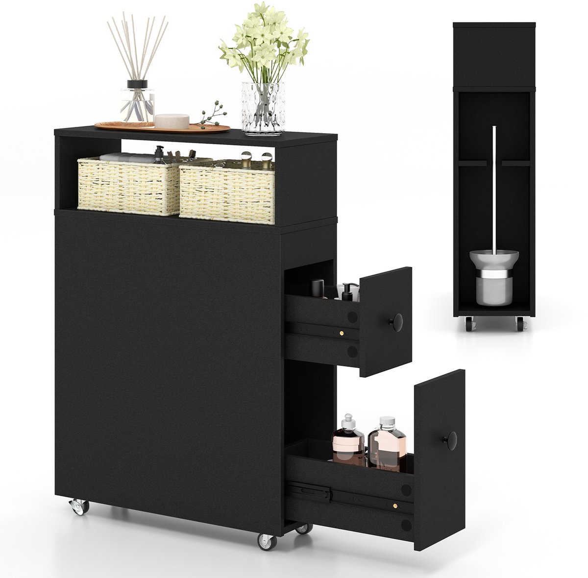 COSTWAY Niswagen met wieltjes, laden, rieten manden en borstelhouders, badkamerkast smal, toiletkast vrijstaand, niskast voor badkamer, keuken, 50 x 19 x 72 cm