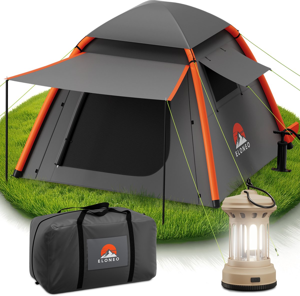 ELONEO Opblaasbare Camping Tent voor 2–4 Personen met Luifel, 250x250x190cm