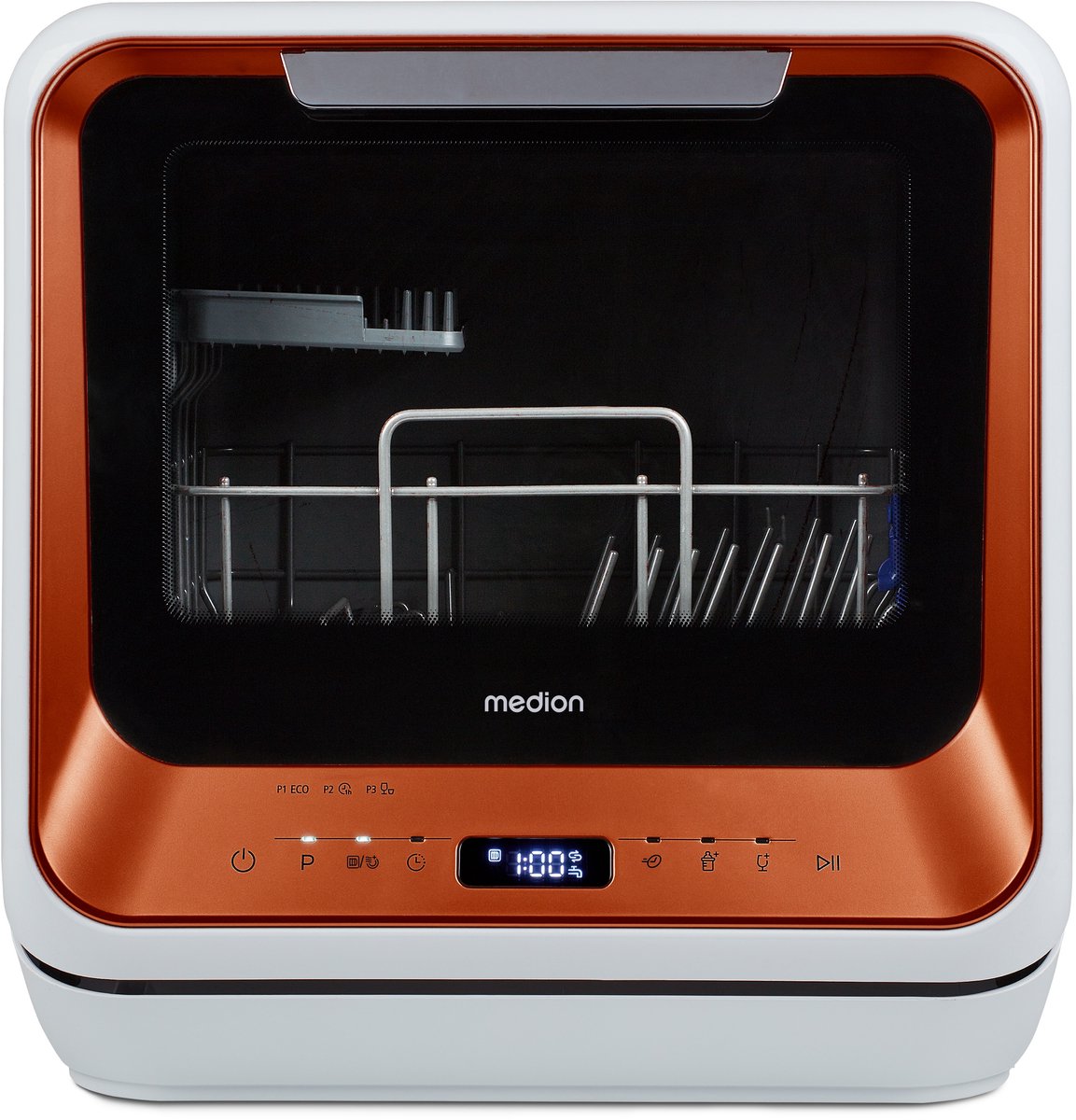 MEDION Mini vaatwasser DWT20 (tafelvaatwasser, 2 couverts, werkt met/zonder wateraansluiting, 6 programma’s, babyflessen, starttijdkeuze, vrijstaand), brons