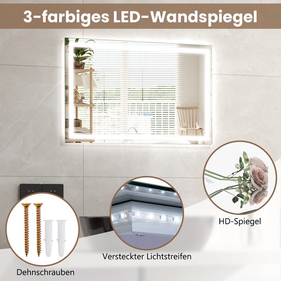 COSTWAY 80 x 60 cm LED Verlichte Spiegel, Wand Gemonteerde Badkamer Spiegel met Instelbare Helderheid en Kleurtemperatuur, Bedieningsschakelaar en Anti- Condens Functie, IP44 Waterdicht, Rechthoekige LED Spiegel