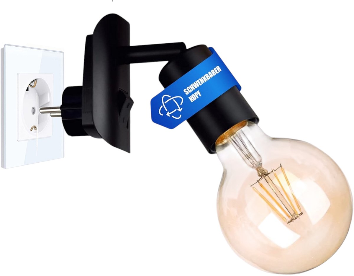 Trango stekkerlamp 11-059A incl. 1x 4 watt 2500K goud warmwit E27 LED-lamp in mat zwart *ANNA* fittinglamp, leeslamp, nachtlampje, wandlamp, keukenlamp, stekkerlamp