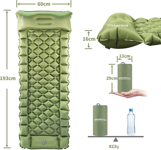 Zelfopblazende campingmat - Ultralichte slaapmatras voor kamperen en backpacken - Compact en met ingebouwde voetpomp - Groen van Quechua — afbeelding 4