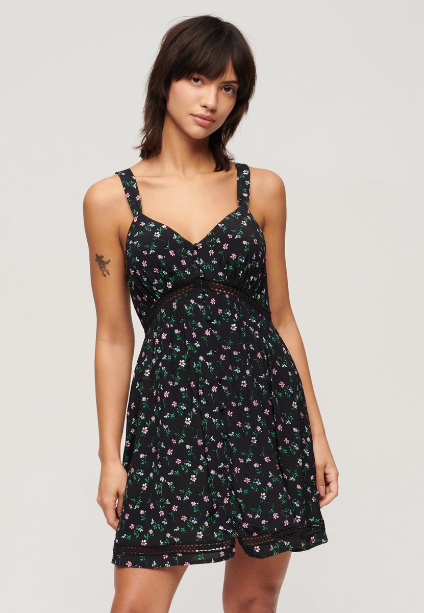 Superdry Cami jurk met V-hals en kanten afwerking Dames Jurken Zwart