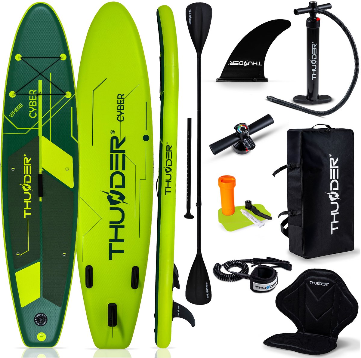 THUNDER® SUP Board | CYBER | 320x75x15cm | Opblaasbaar Paddle Board | Max. 150 kg | Complete Set | Zwart-Groten |