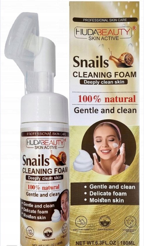 HudaBeauty Snails Cleaning Foam – 180ml – Gezichtsreiniger met Natuurlijke Extracten & Borstel – Diepe Reiniging & Hydratatie