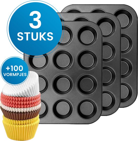 Cupcake Tray - 3 Stuks - Inclusief 100 cupcake vormpjes - Muffin bakvormen - Cupcake bakvorm - Non-stick Coating - Opstapelbaar - Voor Muffins, Cupcakes, Mini-quiches - Zwart