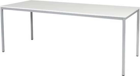 Table blanche avec un cadre fin en aluminium.