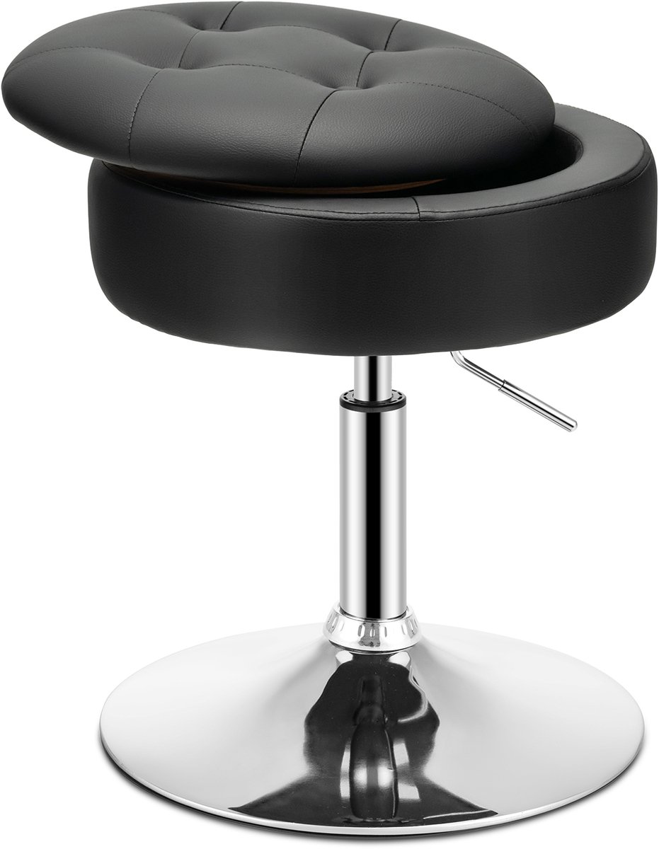 COSTWAY Draaikruk, in hoogte verstelbaar, 51-66 cm met opbergruimte, make-upkruk, 360 graden draaibaar, zwart