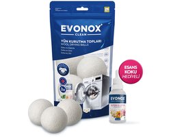 Evonox Clean – Set van 3 Wolvilten Wasdrogerballen + 30ML Geur Essentie Cadeau – Natuurlijk en Milieuvriendelijk