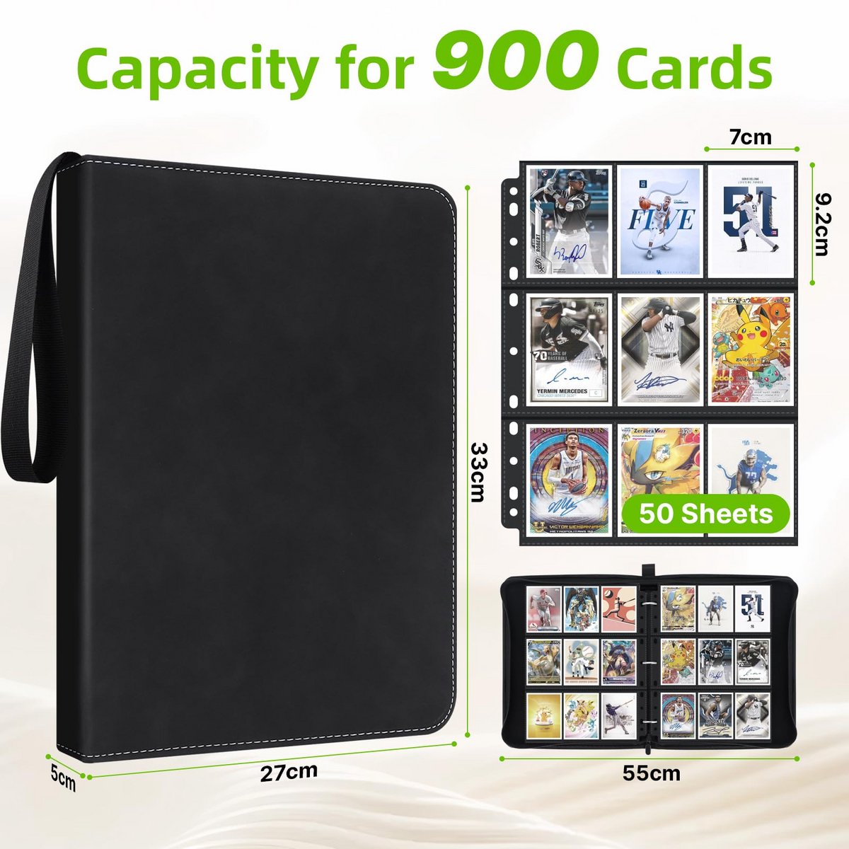 Kaartenverzamelalbum voor 400 kaarten, 50 pagina's, PU-leer, draagbaar, verzamelalbum, kaarten voor kinderen, verzamelkaartenalbum, map, verzamelboek, cadeau voor jongens en meisjes, verzamelaars