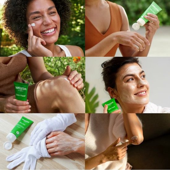 Collage met vrouwen die WELEDA Skin Food gebruiken: op gezicht, handen, knieën en ellebogen. Met groene tubes.