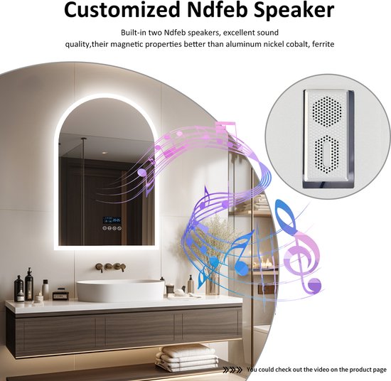 Miroir de salle de bain LUVODI avec éclairage LED - miroir mural 600x900mm avec éclairage - Enceintes Bluetooth - rétroéclairage 3 couleurs dimmable - anti-condensation - fonction mémoire - affichage intelligent de la température de l'heure