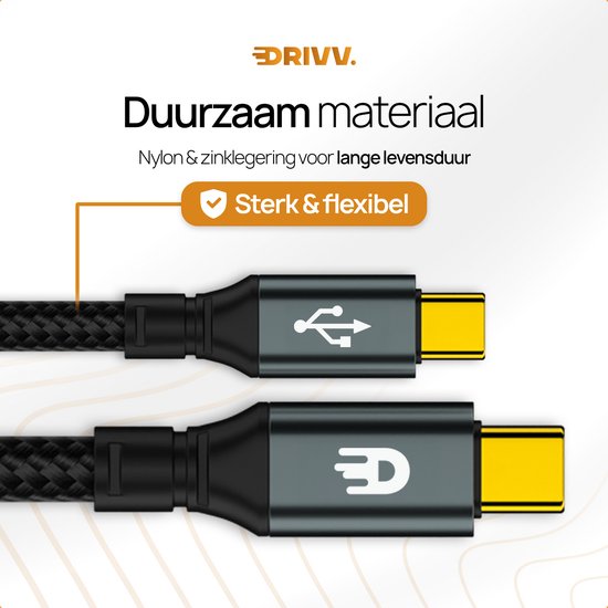 Deux câbles USB-C noirs avec un extérieur en nylon tressé. Un avec un symbole USB, l'autre avec le logo Drivv.