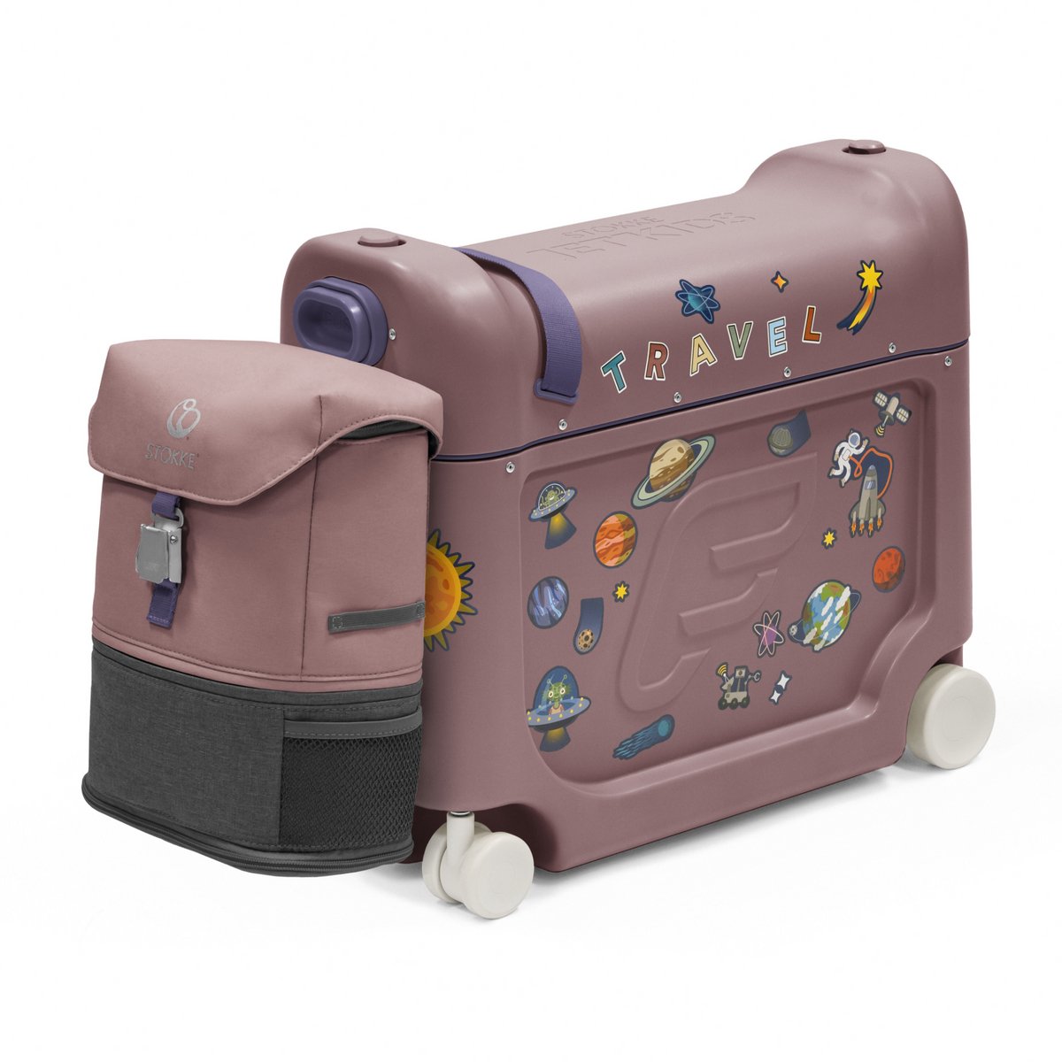 Stokke JetKids Reispakket, Hazy Lilac - Met BedBox Ride-On koffer en rugzak - Voor kinderen van 2-7 Jaar (tot 35 kg)