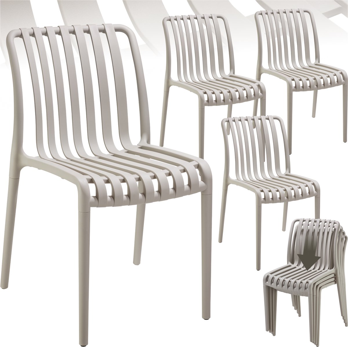tectake® Set van 4 Tuinstoelen Alcudia - Taupe - Kunststof Stoelen- Stapelbaar - Stoelen voor Tuin, Terras of Balkon - Weerbestendig en UV-bestendig - Draagkracht 120kg per Tuinstoel