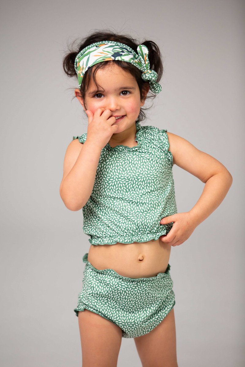 Ducksday - Omkeerbare baby tankini met haarlint - voor meisjes - UPF 50+ - Driedelige zwemset - Toucan - Tropisch groen