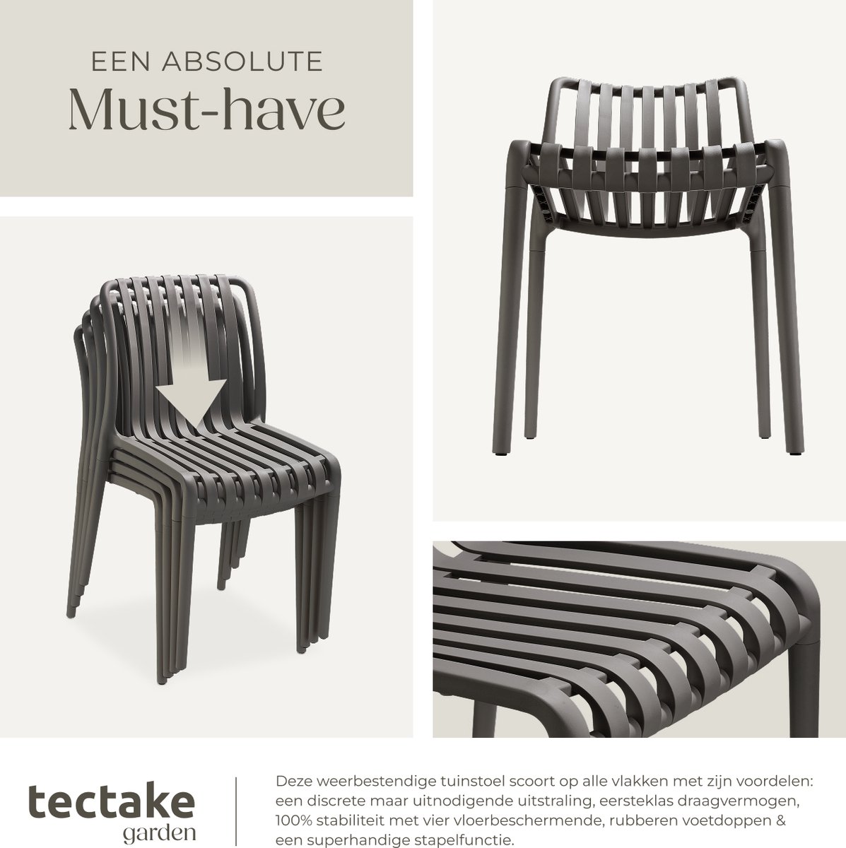 tectake® Set van 2 Tuinstoelen Alcudia - Antraciet - Kunststof Stoelen - Stapelbaar - Stoelen voor Tuin, Terras of Balkon - Weerbestendig en UV-bestendig - Draagkracht 120kg per Tuinstoel – foto 5