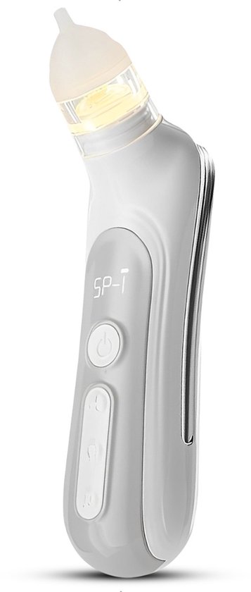 Grijze elektrische baby-neuszuiger met transparante opzetstukken en verlichting.