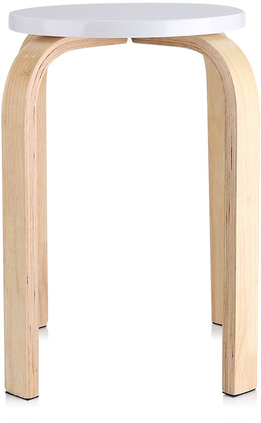 Witte ronde kruk met gebogen houten poten.