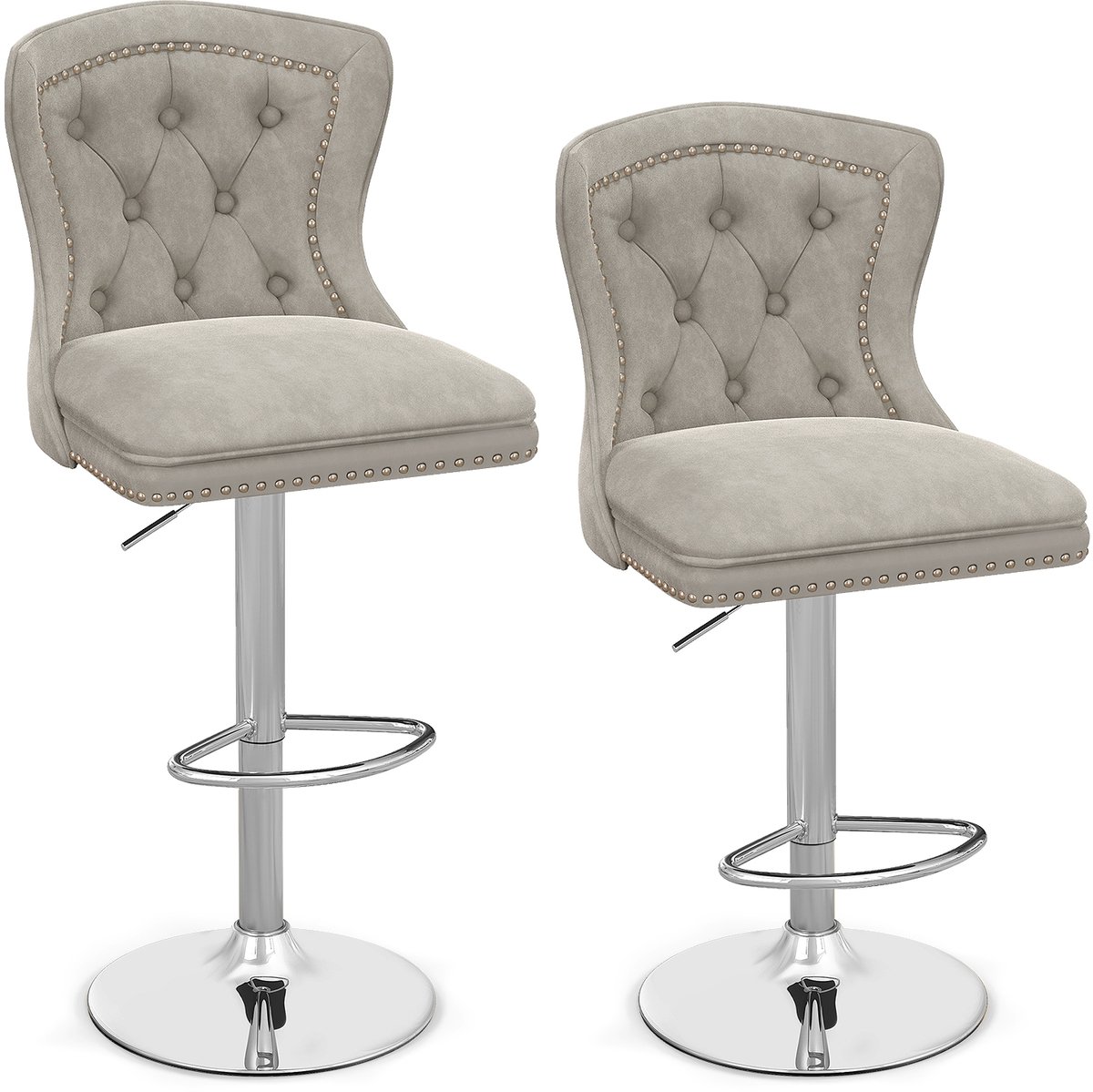 Costway Set van 2 barkrukken, barstoelen, 67-87 cm, in hoogte verstelbaar, van fluweel, keukenkruk met rugleuning en metalen voet, barkruk draaibaar voor thuis, bar en restaurant Grijs