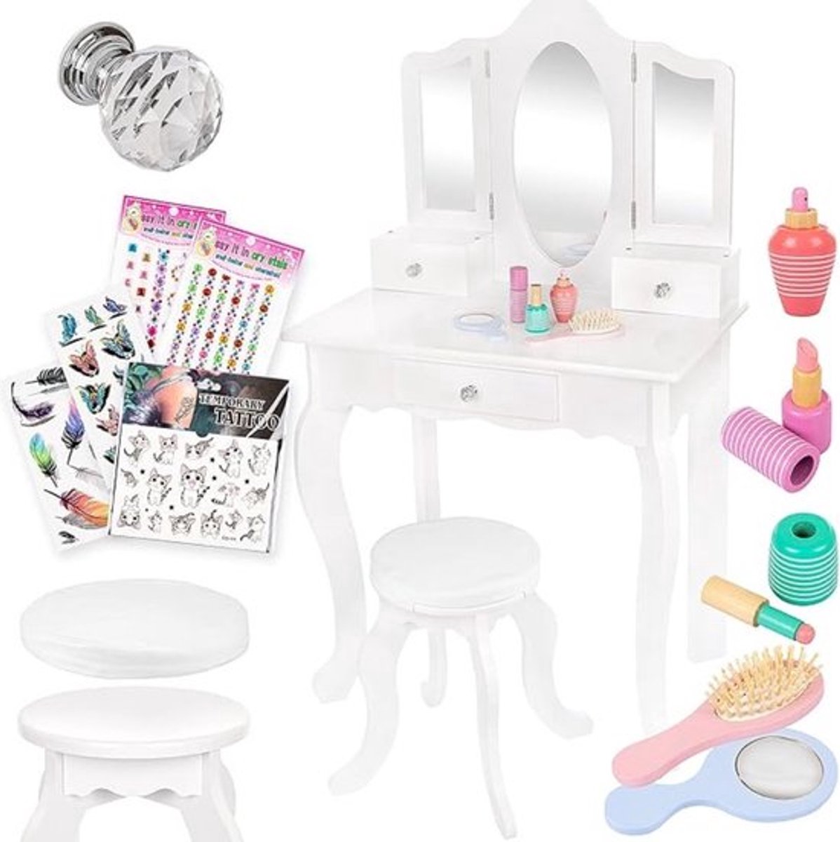Thuys – Make Up Tafel – Voor Meisjes – Inclusief Accessoires – Visagie Tafel met Krukje en Accessoires – 23x46x70 cm – Wit